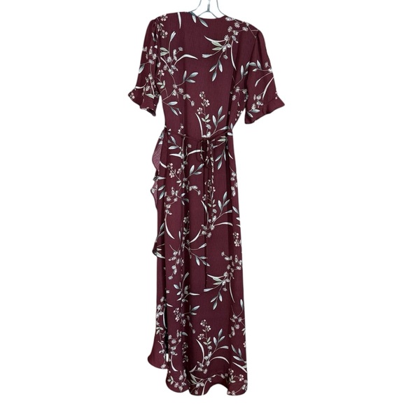 Lulus Wild Winds Burgundy Floral Full Wrap Ruffled Maxi Dress Women's Size M - Picture 5 of 11